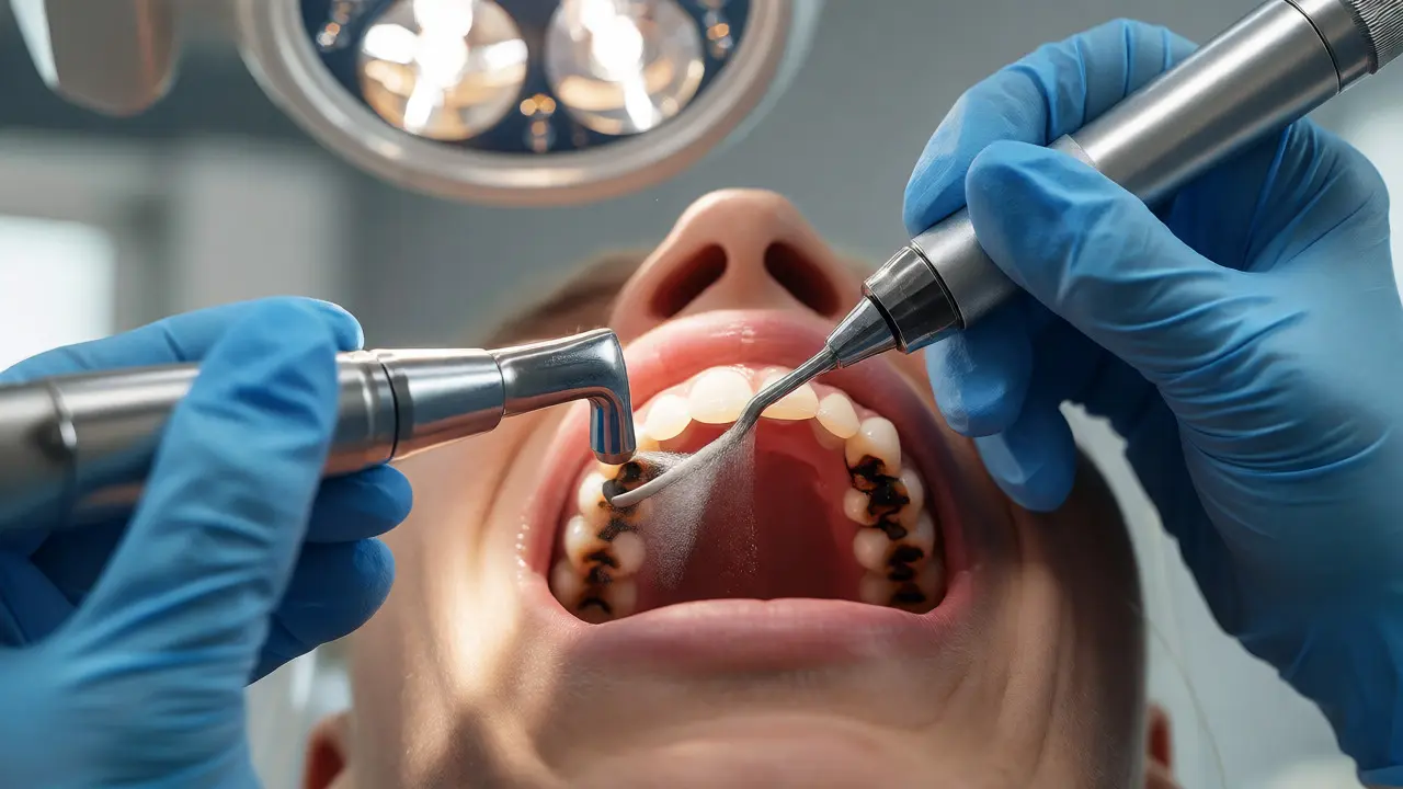 Dentální hygienistka odstraňuje kámen ultrazvukem