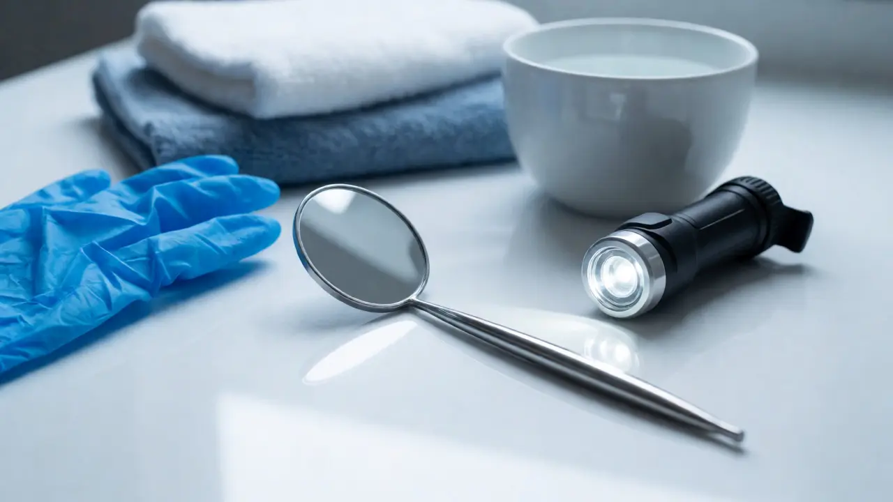 Dentální zrcátko, čelovka a rukavice připravené k domácí kontrole
