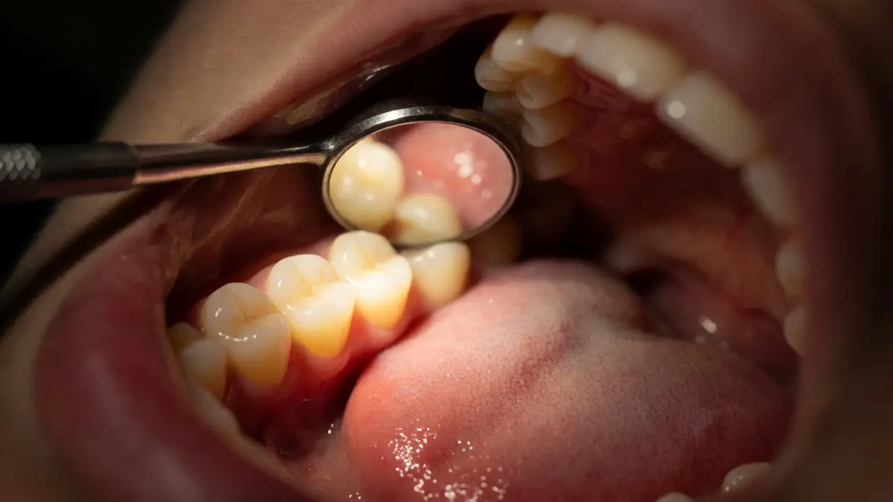 Detailní pohled na dásně a plak pomocí dentálního zrcátka