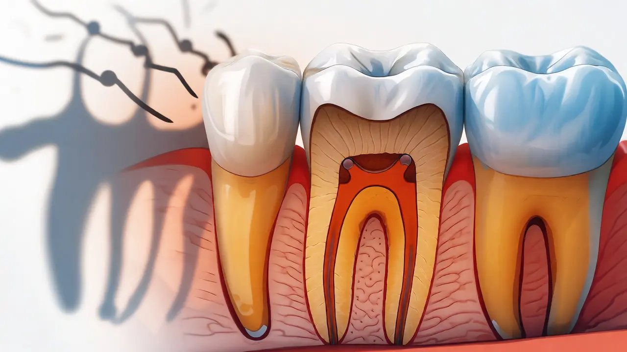 Ilustrace zubu s erodovanou sklovinou odhalující citlivý dentin