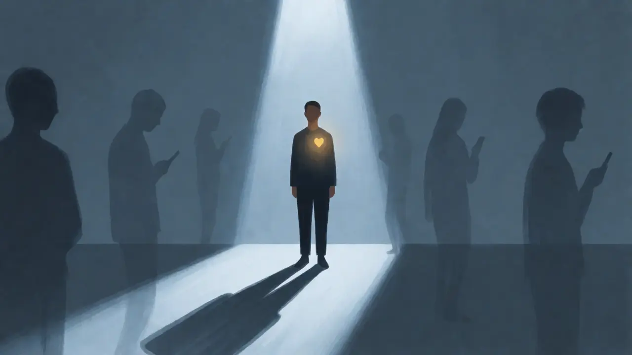 Konceptuální ilustrace anxiozity a efektu reflektoru kolem úsměvu osoby.