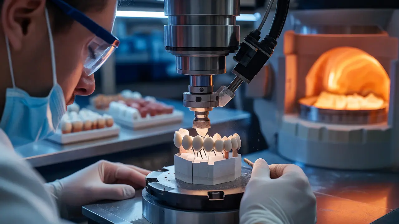 Technik ve zubní laboratoři frézuje keramickou korunku u stroje.