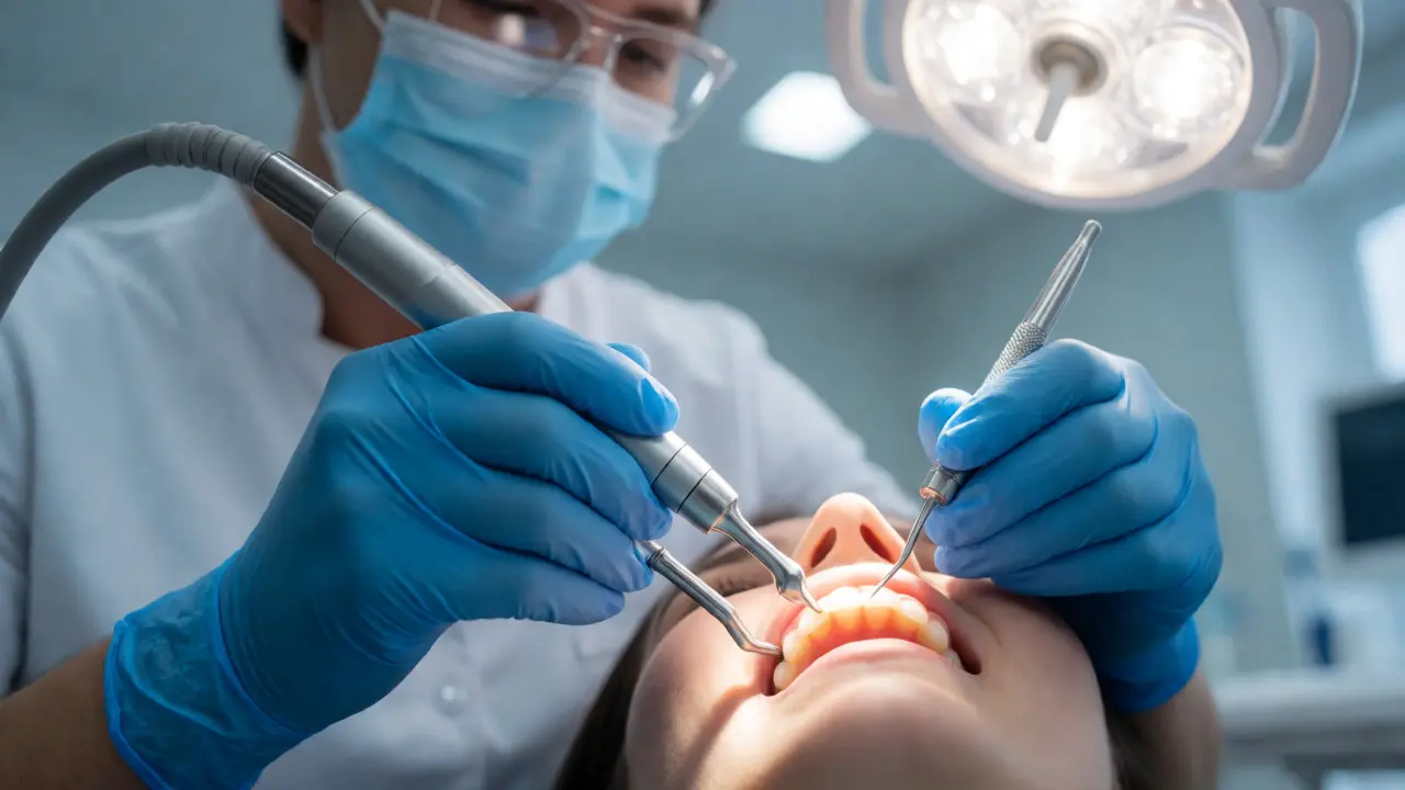 Zubní lékař odstraňuje kámen z povrchu kořene pomocí ultrazvuku a kyretáže.